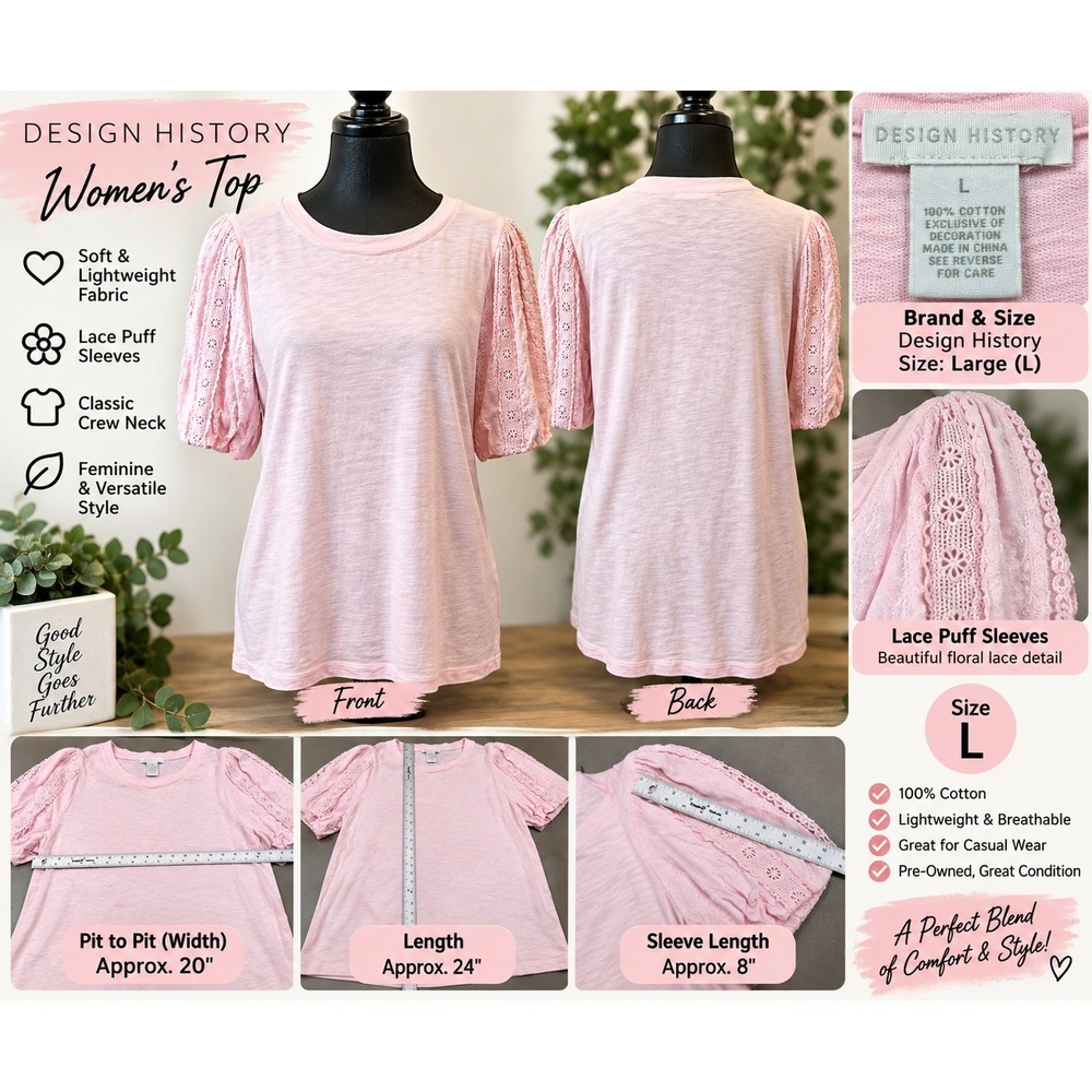 Design History Womens Pink Cotton Lace Puff Sleeve Crew Neck Slub Knit Top Large